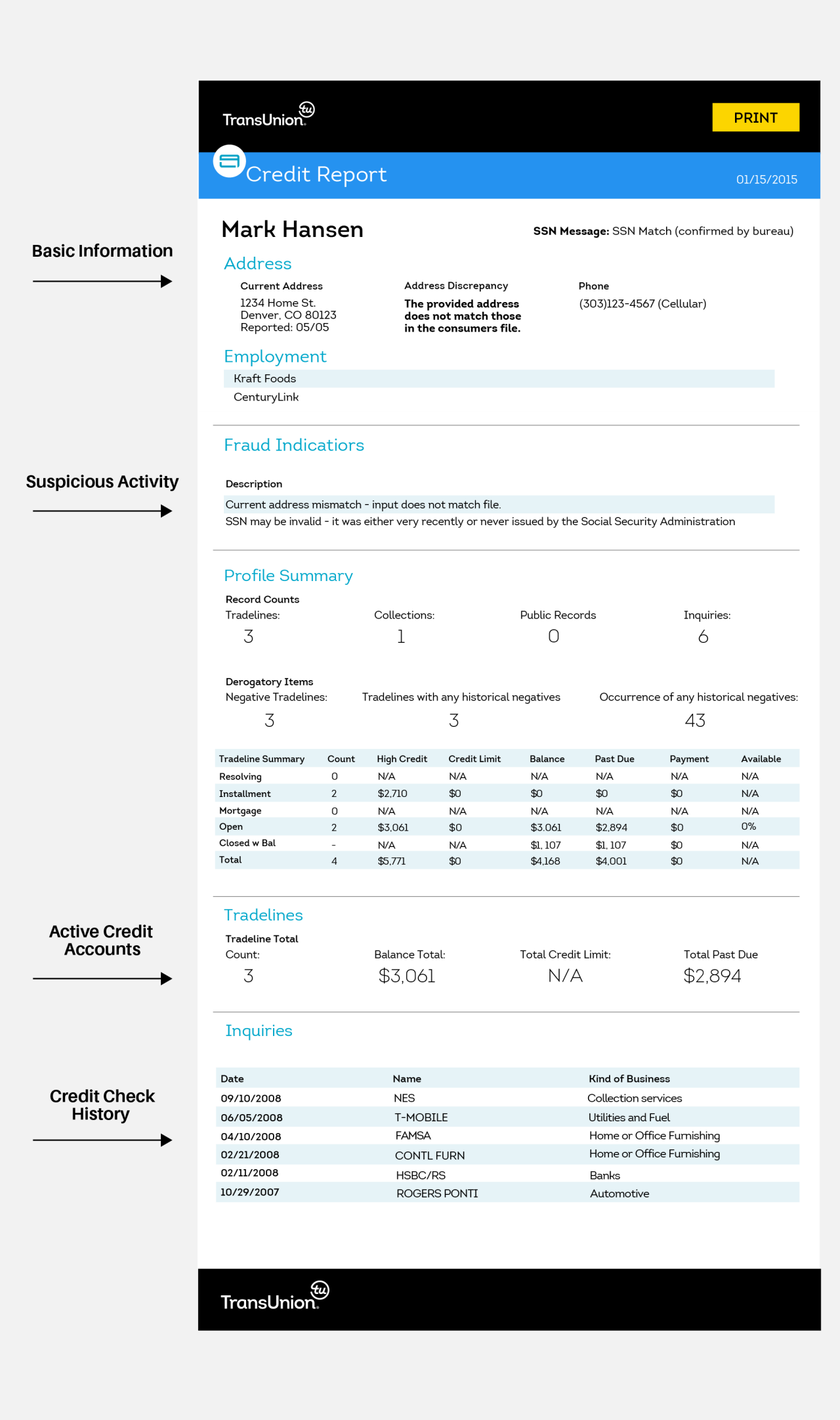 An employee credit report example from ShareAble for Hires screening service