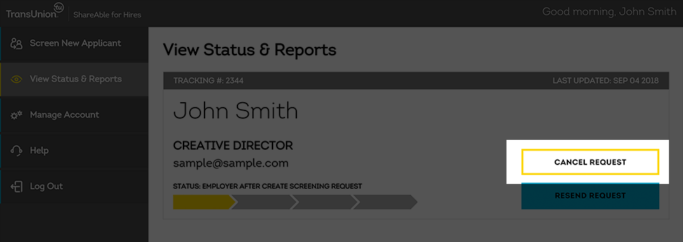 Cancel screening request on dashboard